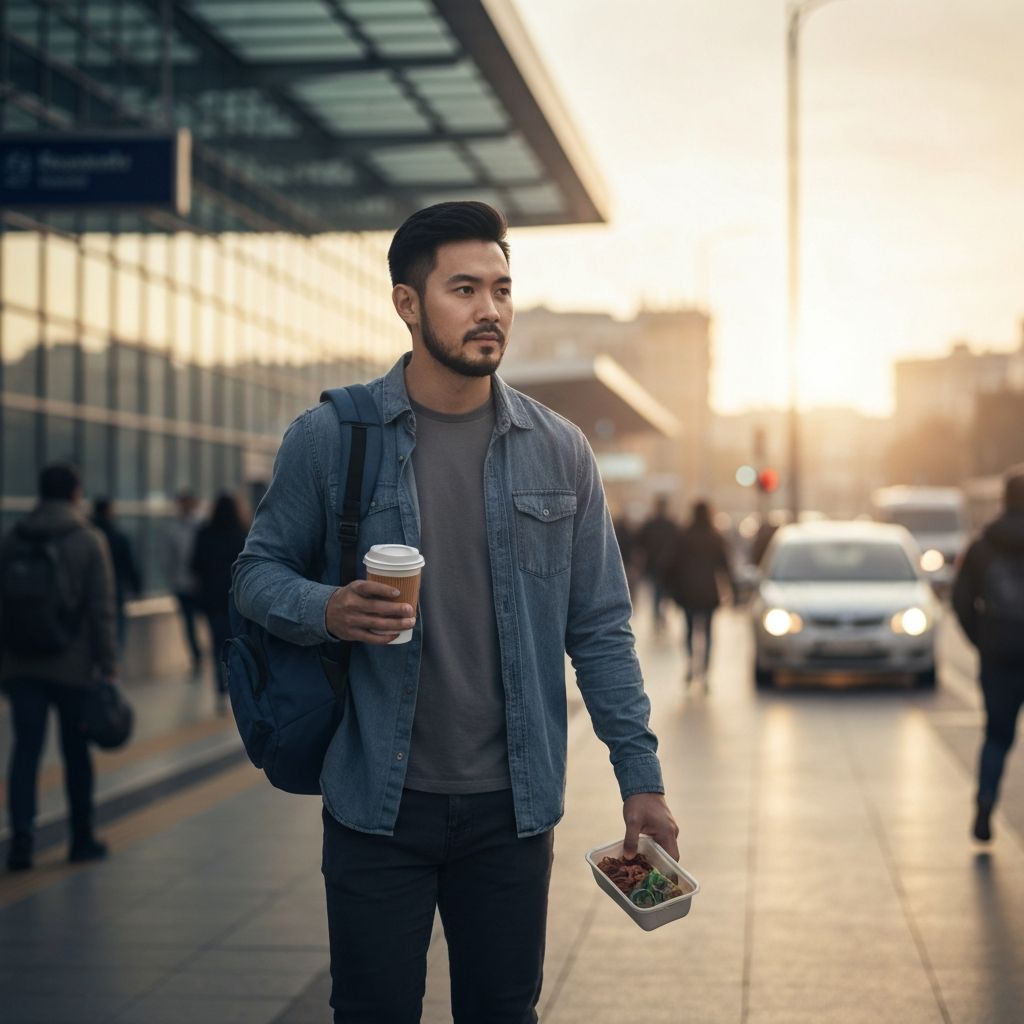 Commuting scene with travel and portable food